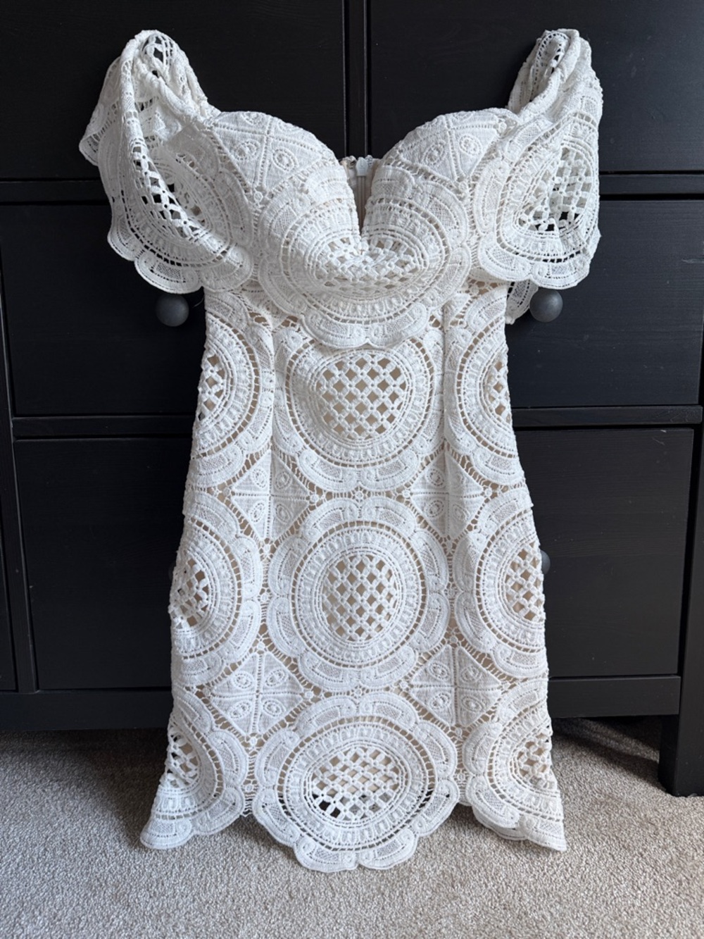 Lulus white nude crochet off the shoulder bodycon dress